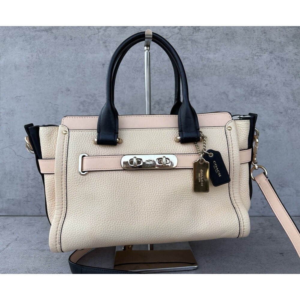 Coach Swagger 27 in Peach Salmon Pink w/ Colorblock Black Handles Corssbody Bag